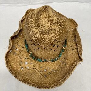 Thrashed Unbranded Sun Hat Womens One Size Brown Wide Brim Beaded Strap